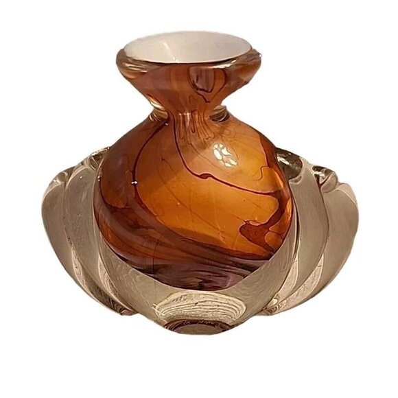 Art Glass Vase 4.75" Hal David Berger Artist Signed 1990 Orange Lavender Swirl